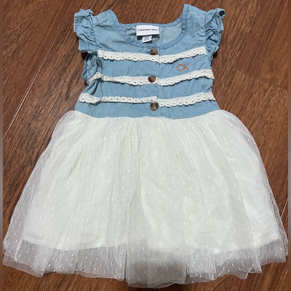 Calvin Klein 2 Piece Blue Jean White Tulle Dress and white panty Size 18 months